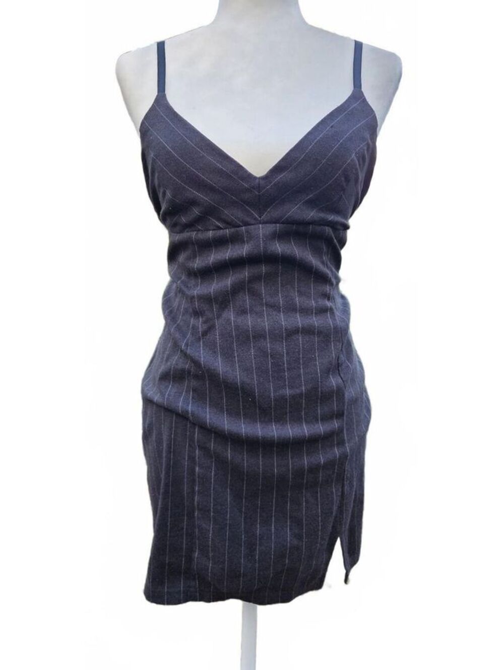 Vintage 2000s Tailored Pinstriped V-Neck Cami Bodycon Dress with Side Slit